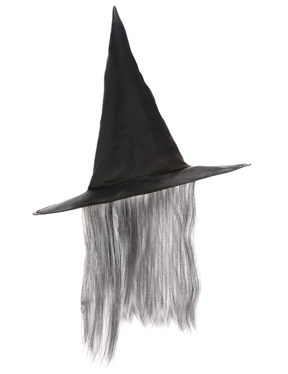 Vue de profil du chapeau de sorcière pour adulte noir avec cheveux gris