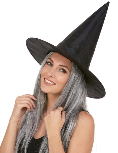 Černý čarodějnický klobouk s šedivými vlasy pro dospělé Halloween