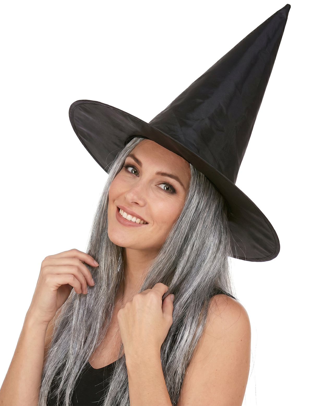 Černý čarodějnický klobouk s šedivými vlasy pro dospělé Halloween