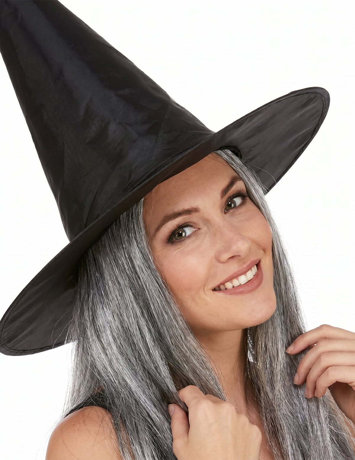 Černý čarodějnický klobouk s šedivými vlasy pro dospělé Halloween