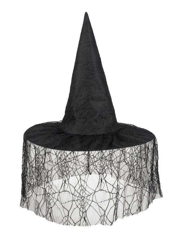 Černý čarodějnický klobouk s Halloweenskou ženou pavoučí závoj