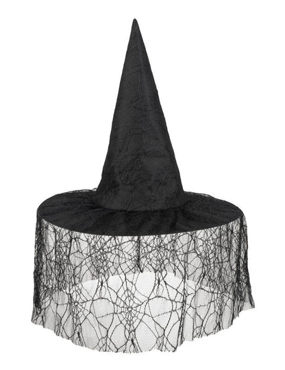 Černý čarodějnický klobouk s Halloweenskou ženou pavoučí závoj