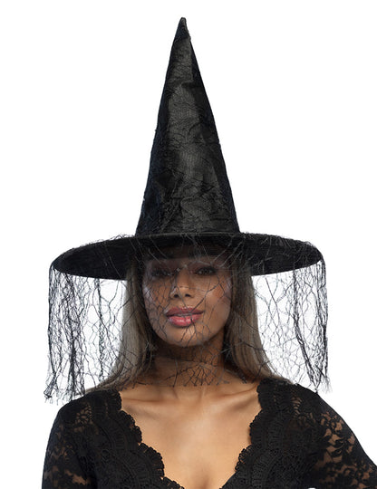 Černý čarodějnický klobouk s Halloweenskou ženou pavoučí závoj