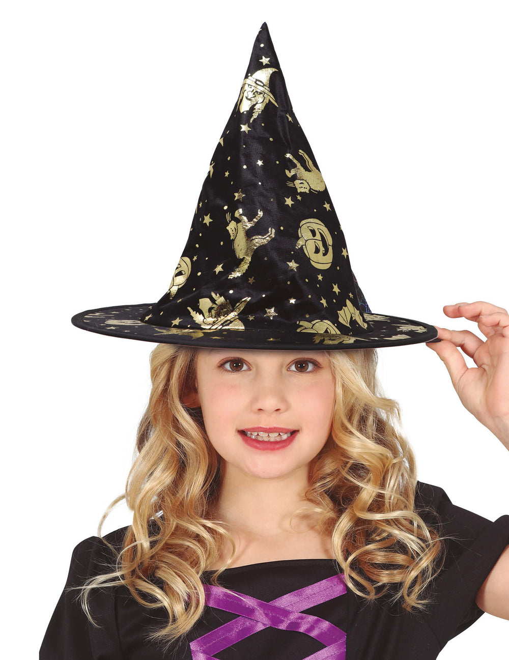 Chapeau de sorcière pour enfant noir et doré avec motifs de citrouilles et chats