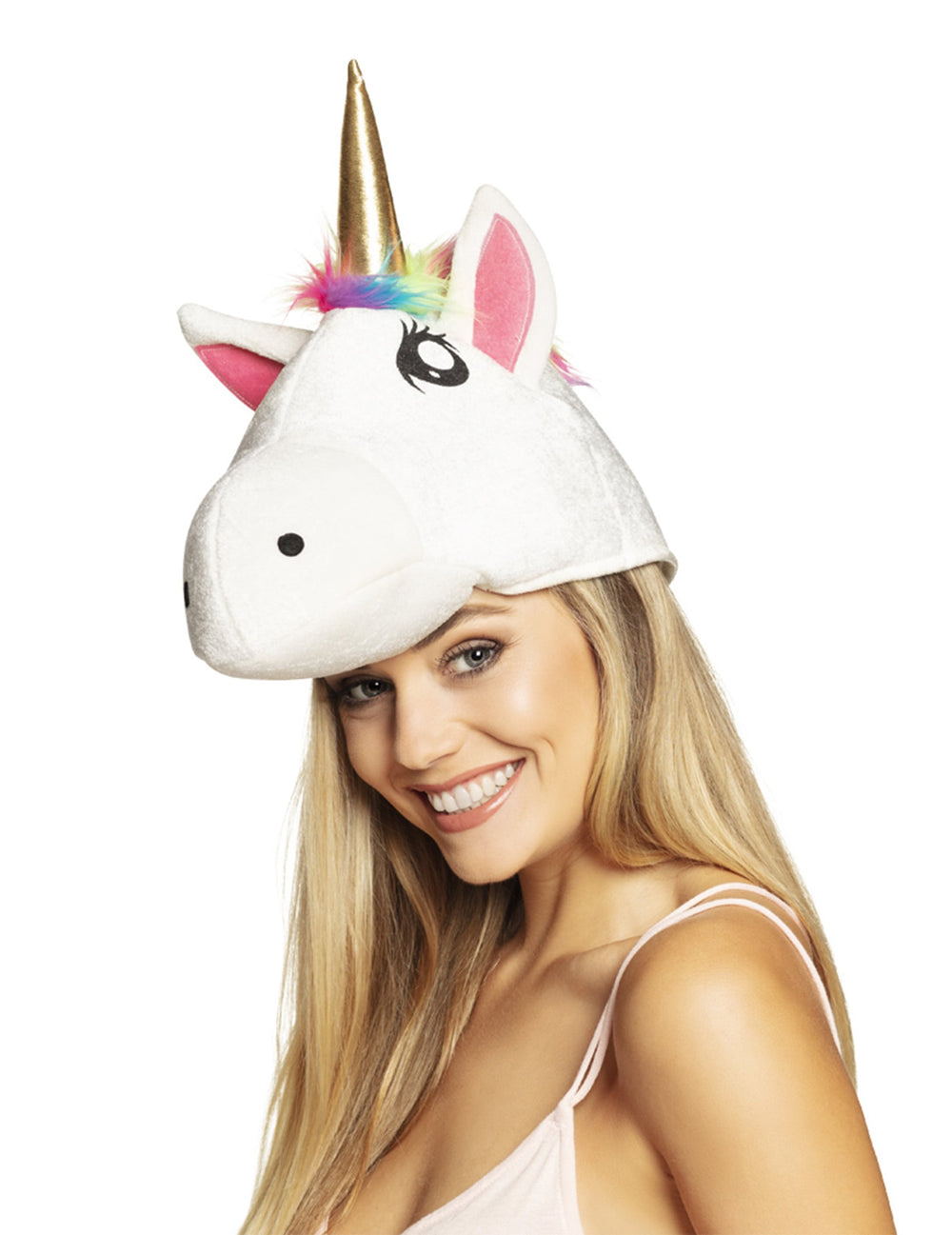 Chapeau tête de licorne pour adulte blanc avec corne dorée et crinière arc-en-ciel