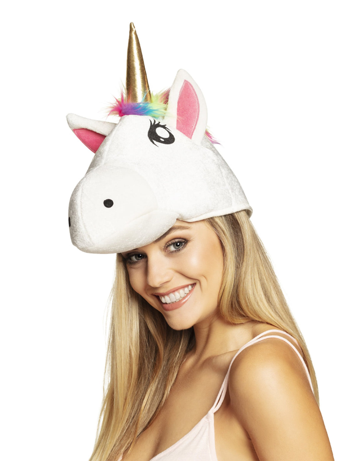Chapeau tête de licorne pour adulte blanc avec corne dorée et crinière arc-en-ciel