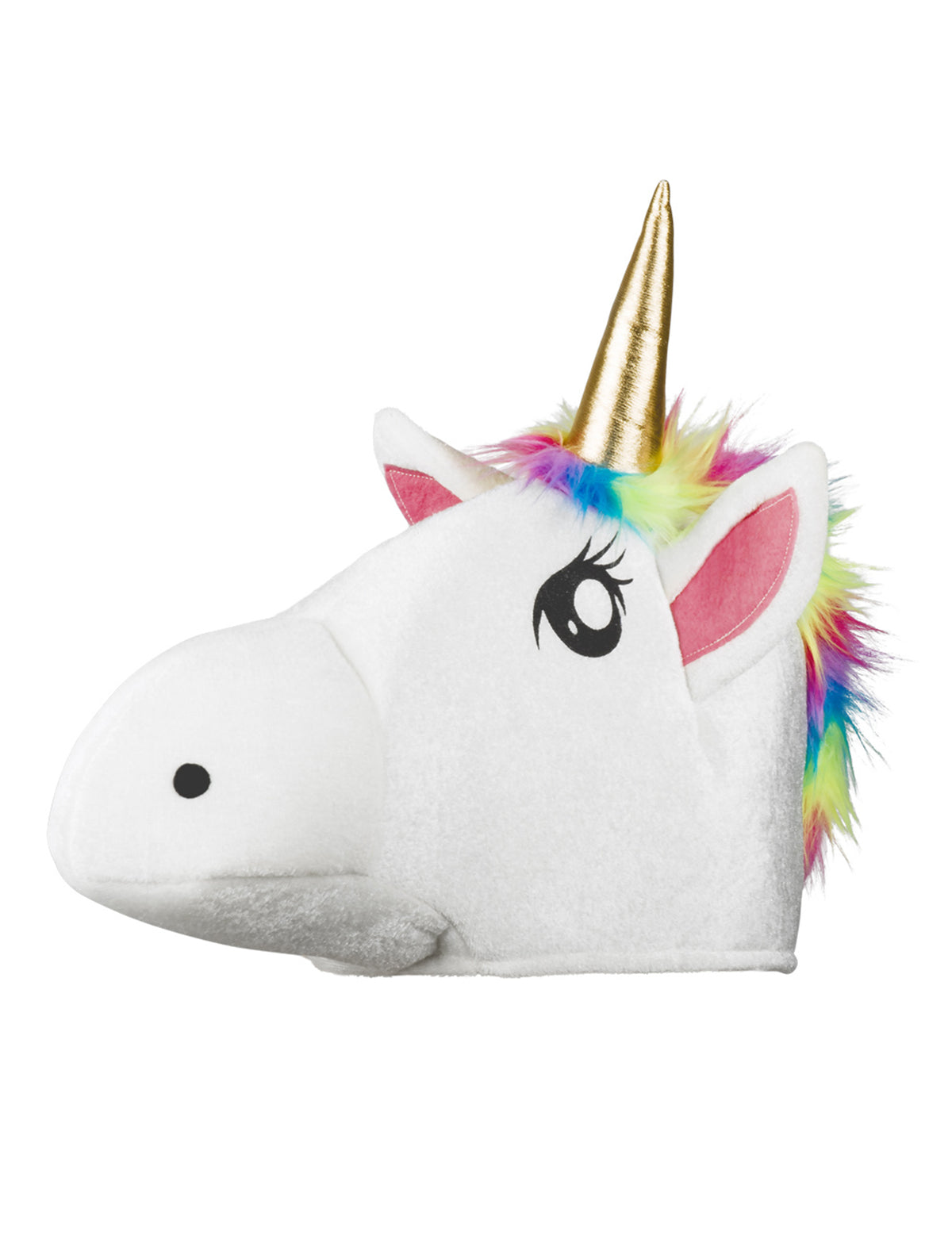 Vue de profil du chapeau tête de licorne pour adulte