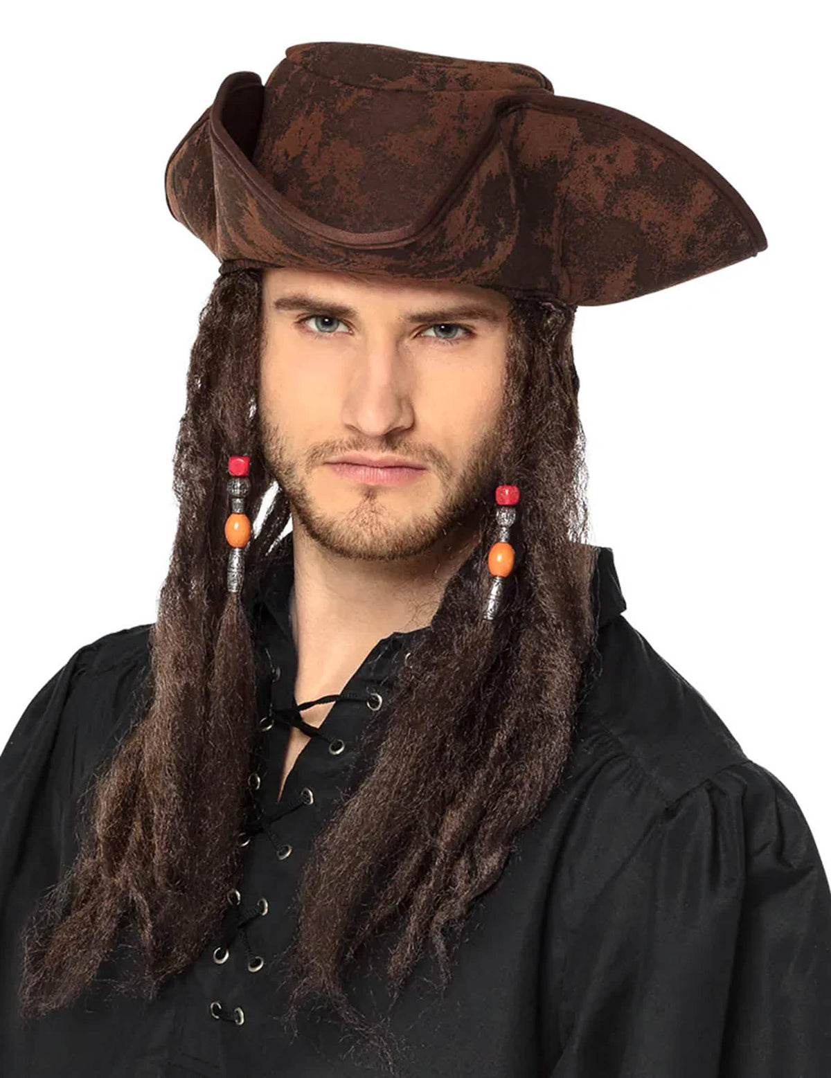 Pirátský třírohý klobouk pro dospělého hnědá s vlasy