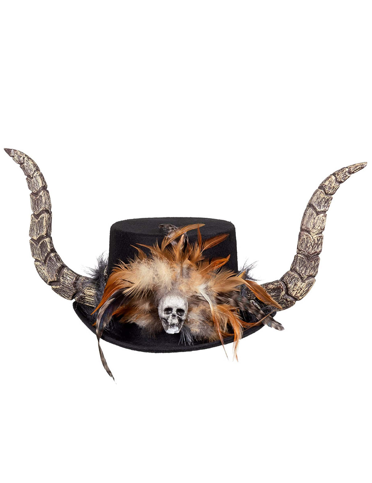Vue de face du chapeau vaudou avec cornes et plumes