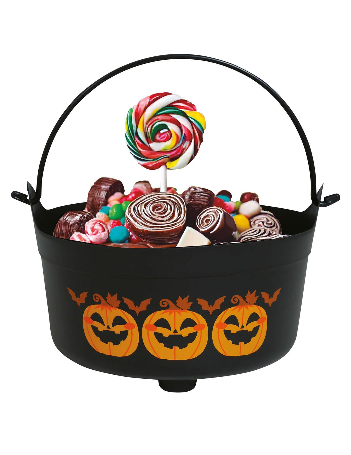 Chaudron citrouilles Halloween pour enfant noir et orange rempli de bonbons
