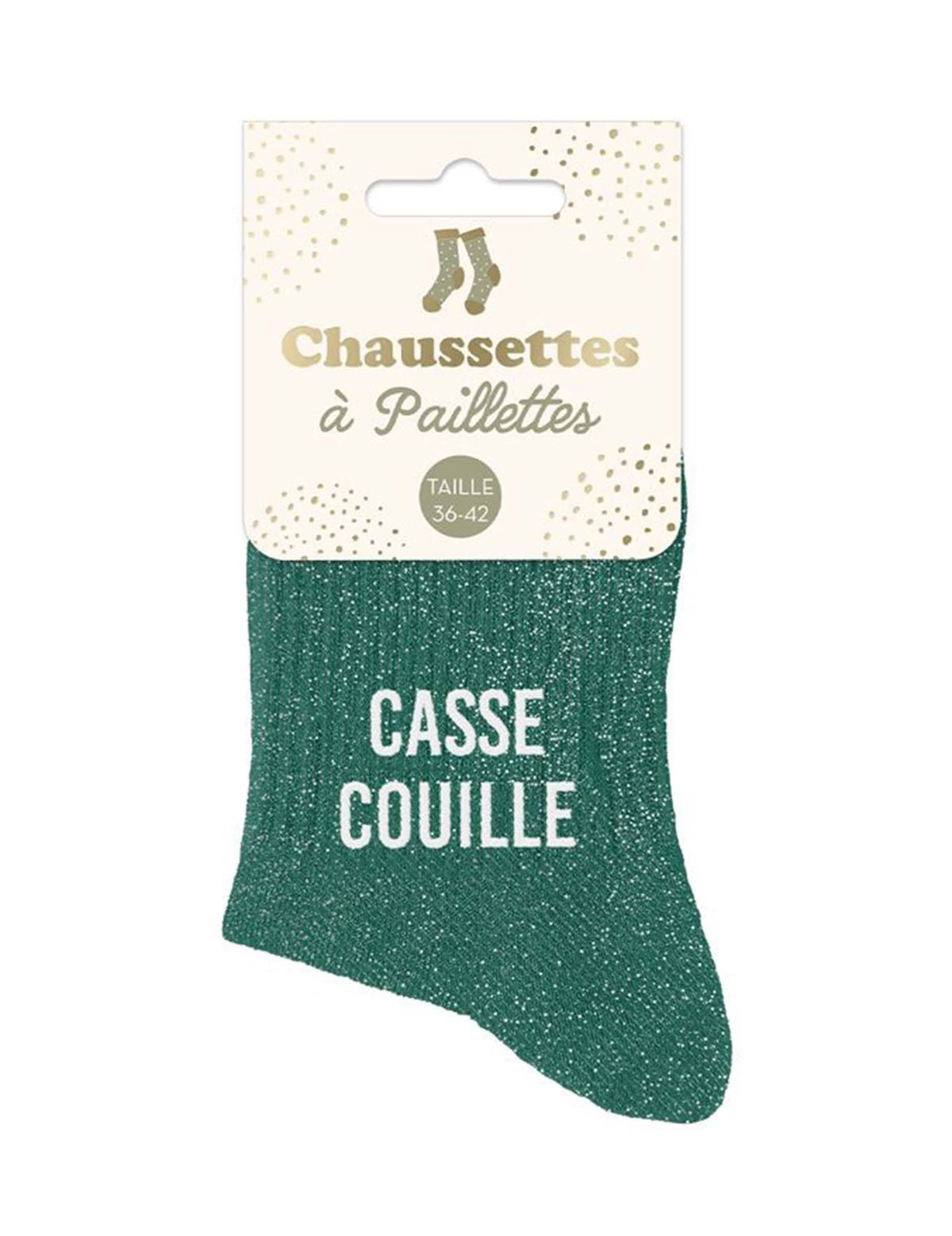 Détail de l'emballage des chaussettes à paillettes Casse couille