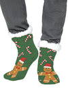 Chaussettes thermiques pains d'épices pour adulte vertes avec motifs sucres d'orge et fourrure blanche