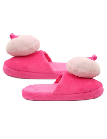 Chaussons humoristiques seins pour adulte rose en peluche