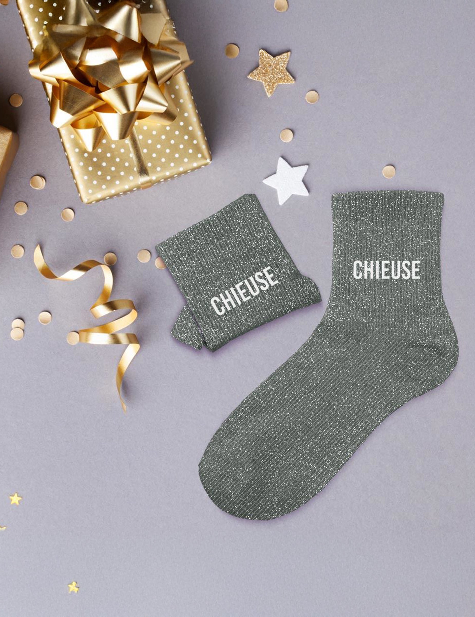 Mise en situation des chaussettes à paillettes Chieuse pour femme