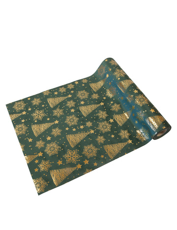 Zelený sametový běhoun na stůl se zlatým metalickým potiskem jedle 3m