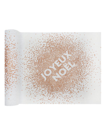 Veselé Vánoce bílý bavlněný běhoun na stůl s flitry z růžového zlata 3 m x 28 cm