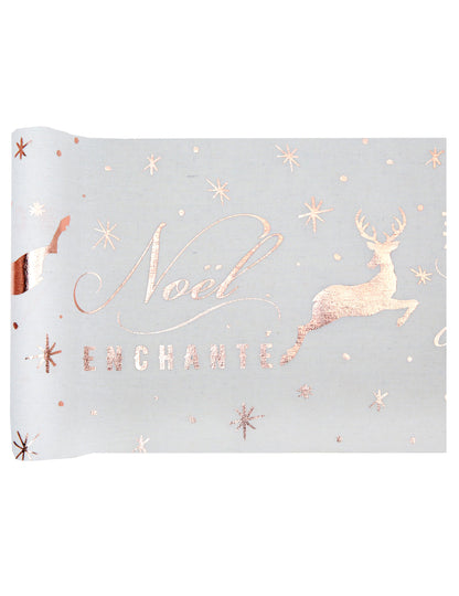 Začarovaný vánoční běhoun na stůl z růžového zlata 3 m x 28 cm jelení vzory