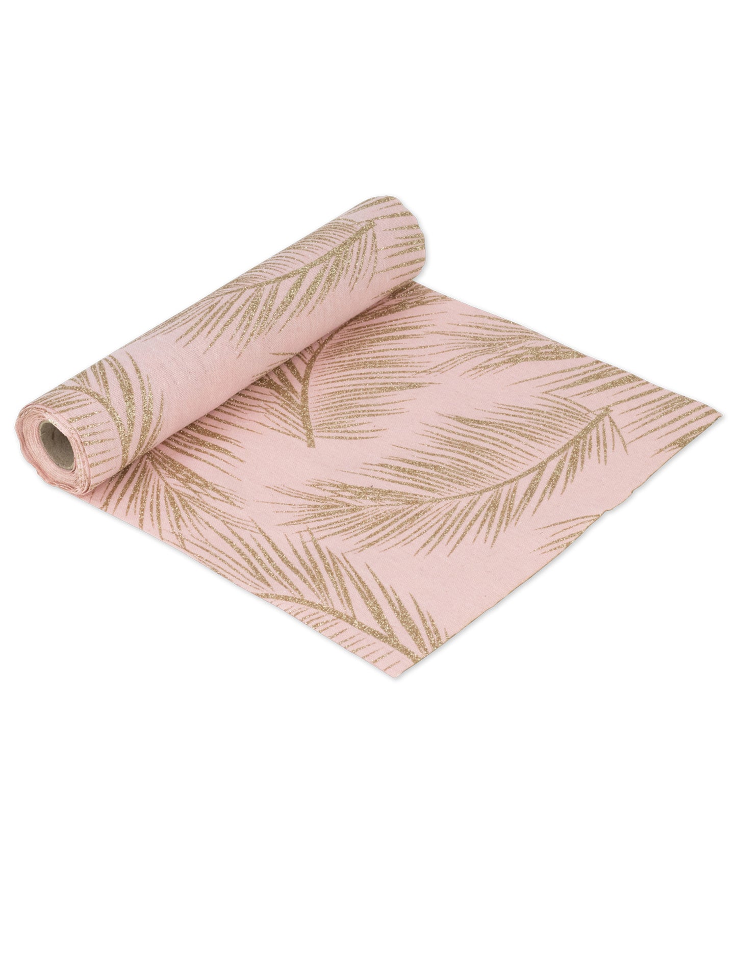 Práškově růžový lněný běhoun se zlatým kapradím 28 cm x 5 m tropické