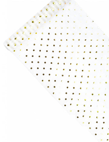 Bílý organzový běhoun na stůl s kovovými zlatými puntíky 36 cm x 9m