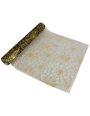 Černý organzový běhoun se zlatou pavučinou 29 cm x 5m elegantní halloween
