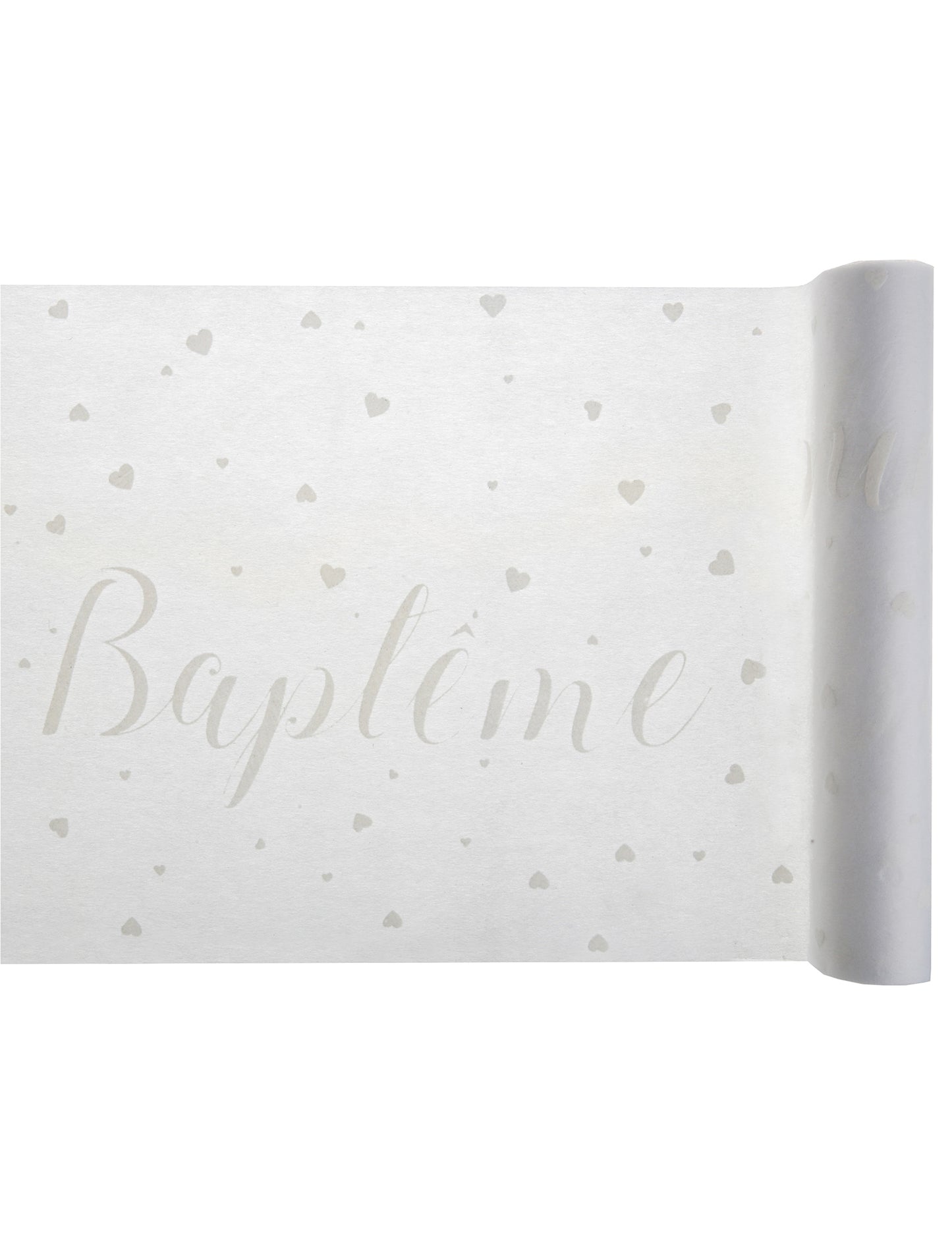 Chemin de table intissé baptême pour décoration blanc à cœurs gris