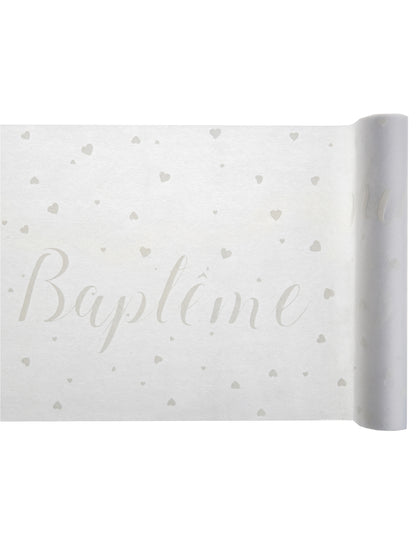 Chemin de table intissé baptême pour décoration blanc à cœurs gris