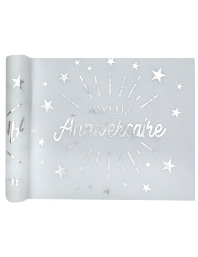 Chemin de table intissé anniversaire pour fête blanc et argent avec étoiles