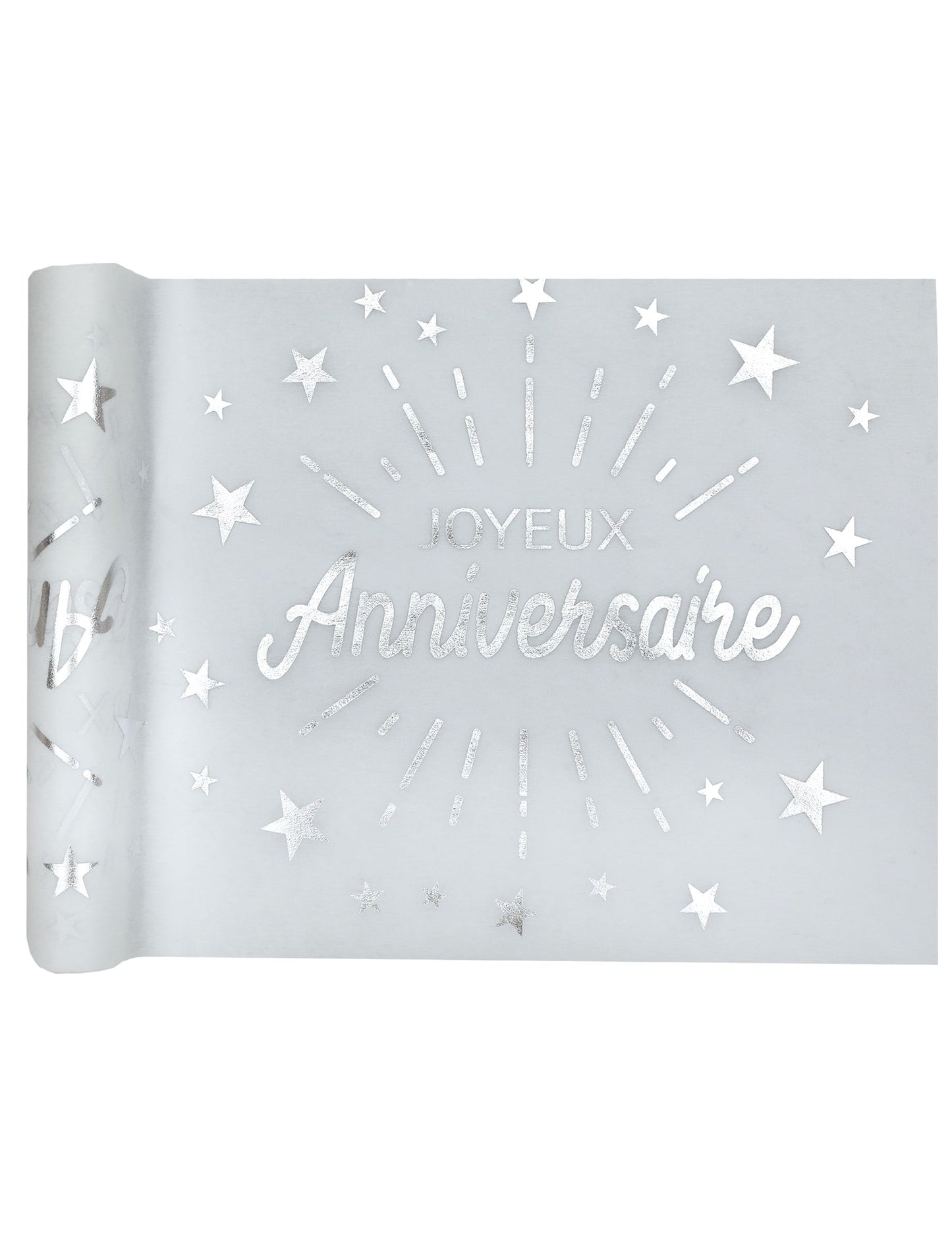 Chemin de table intissé anniversaire pour fête blanc et argent avec étoiles