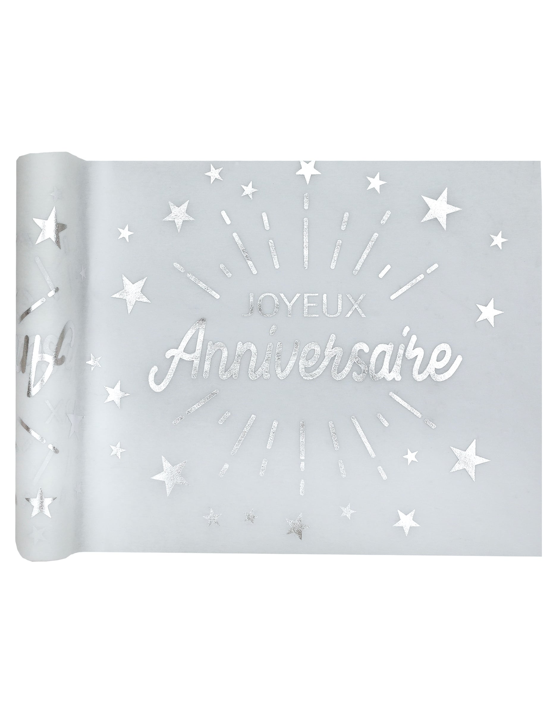 Chemin de table intissé anniversaire pour fête blanc et argent avec étoiles