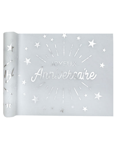 Chemin de table intissé anniversaire pour fête blanc et argent avec étoiles