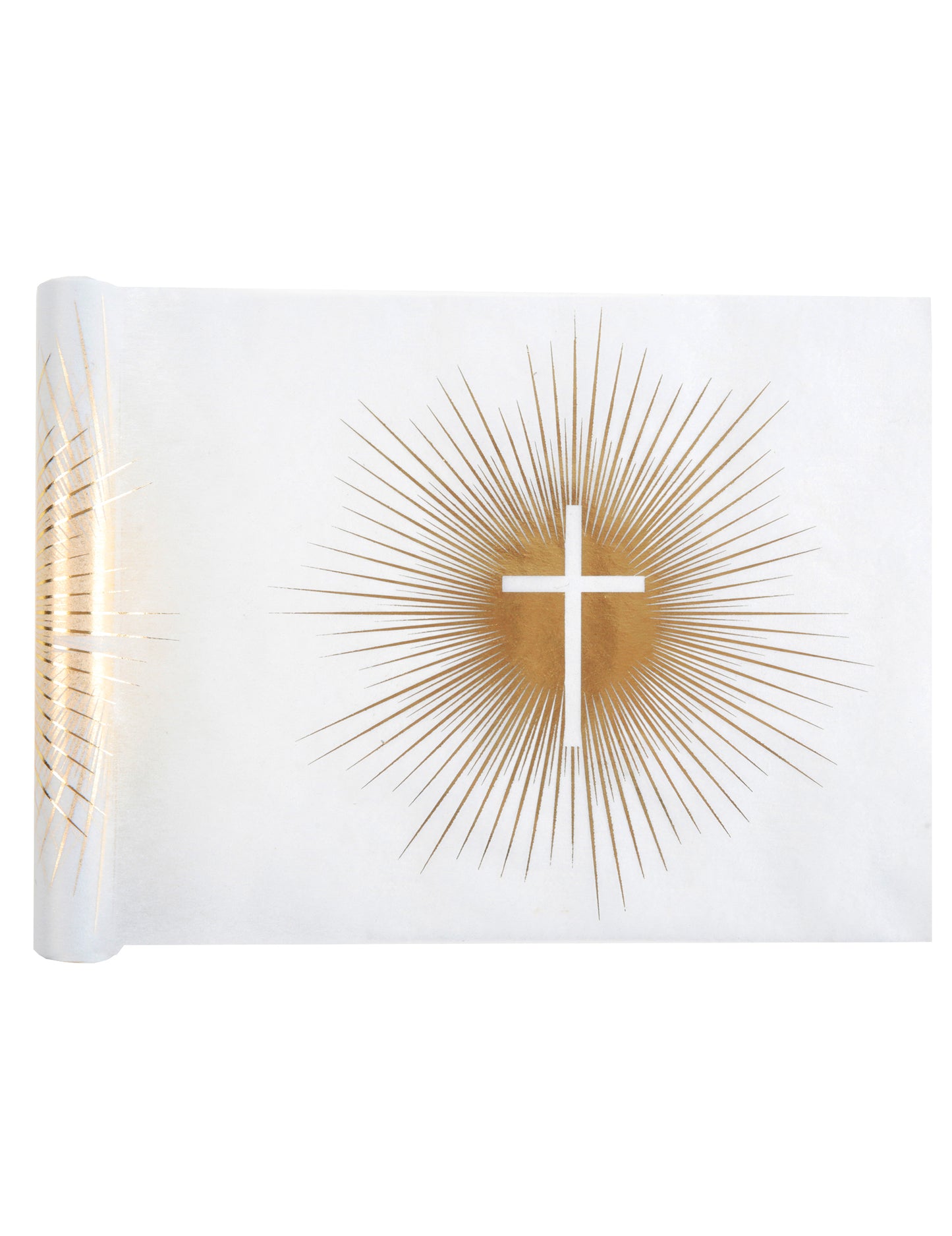 Zlatý netkaný slavnostní běhoun na stůl 5 m x 30 cm s křížem