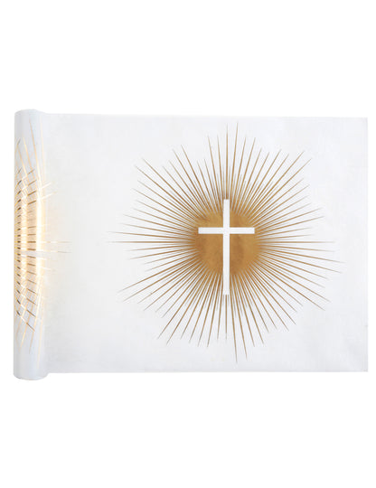 Zlatý netkaný slavnostní běhoun na stůl 5 m x 30 cm s křížem