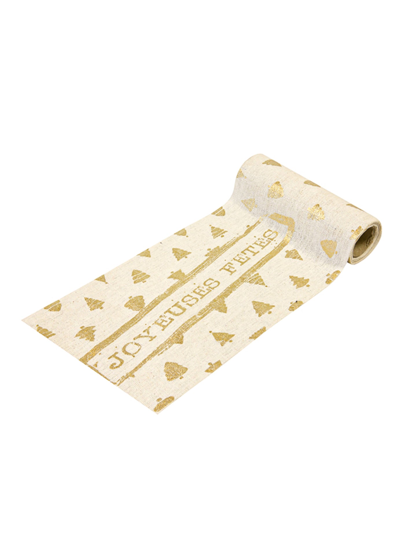 Běh na stůl Happy Holidays z přírodního zlatého plátna 4 m x 14 cm stromové vzory