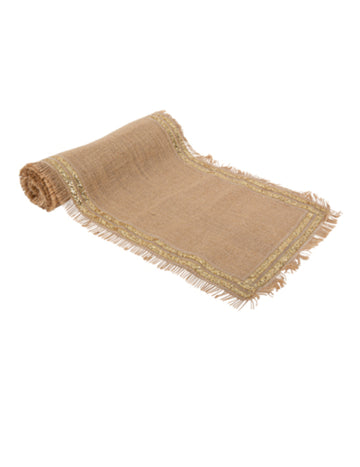 Zužovaný pytlovinový běhoun s dvojitým zlatým flitrovým lemováním 30 cm x 3 m pro svatbu