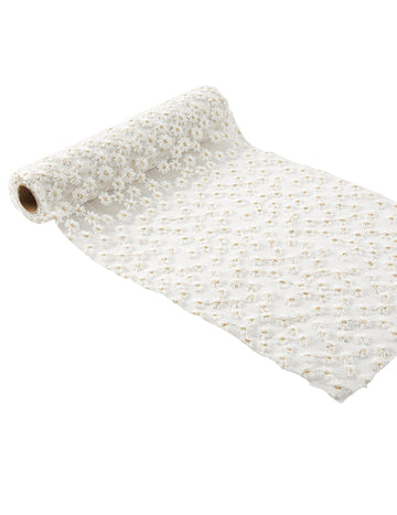 Bílo-zlatý vyšívaný závojový běhoun 24cm x 3m s květinami