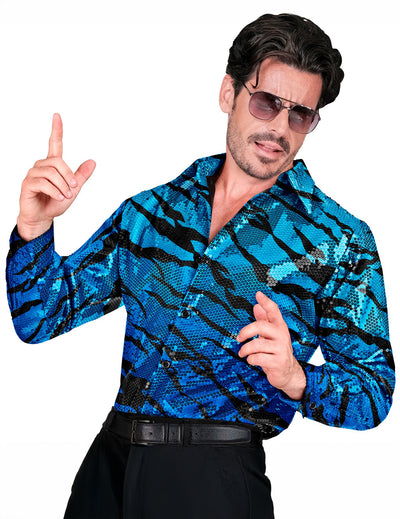 Chemise à sequins vague bleue pour homme bleue et noire
