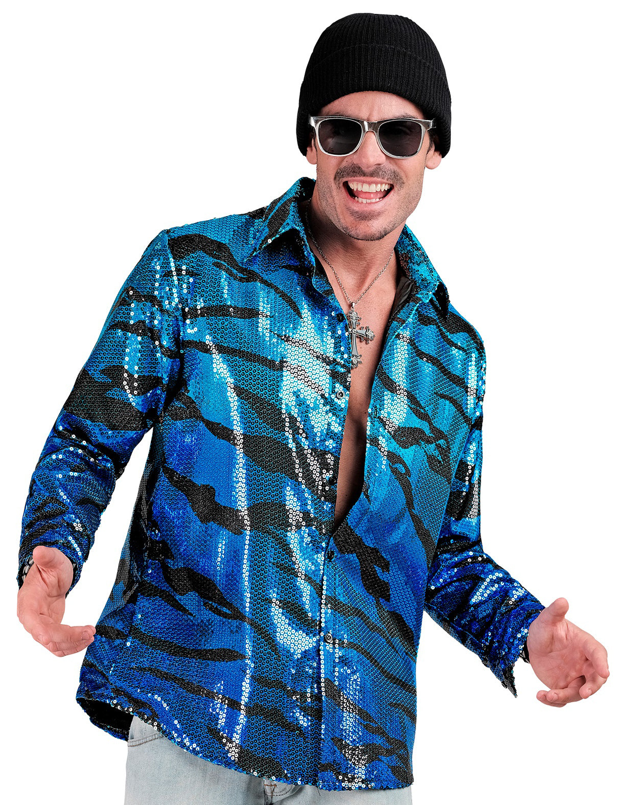 Pánská modrá flitrovaná košile s vlnitým vzorem