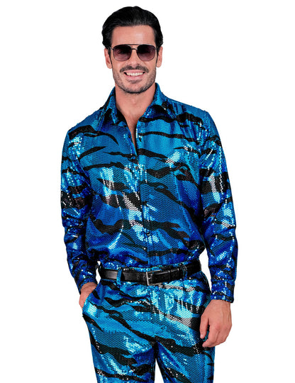 Pánská modrá flitrovaná košile s vlnitým vzorem