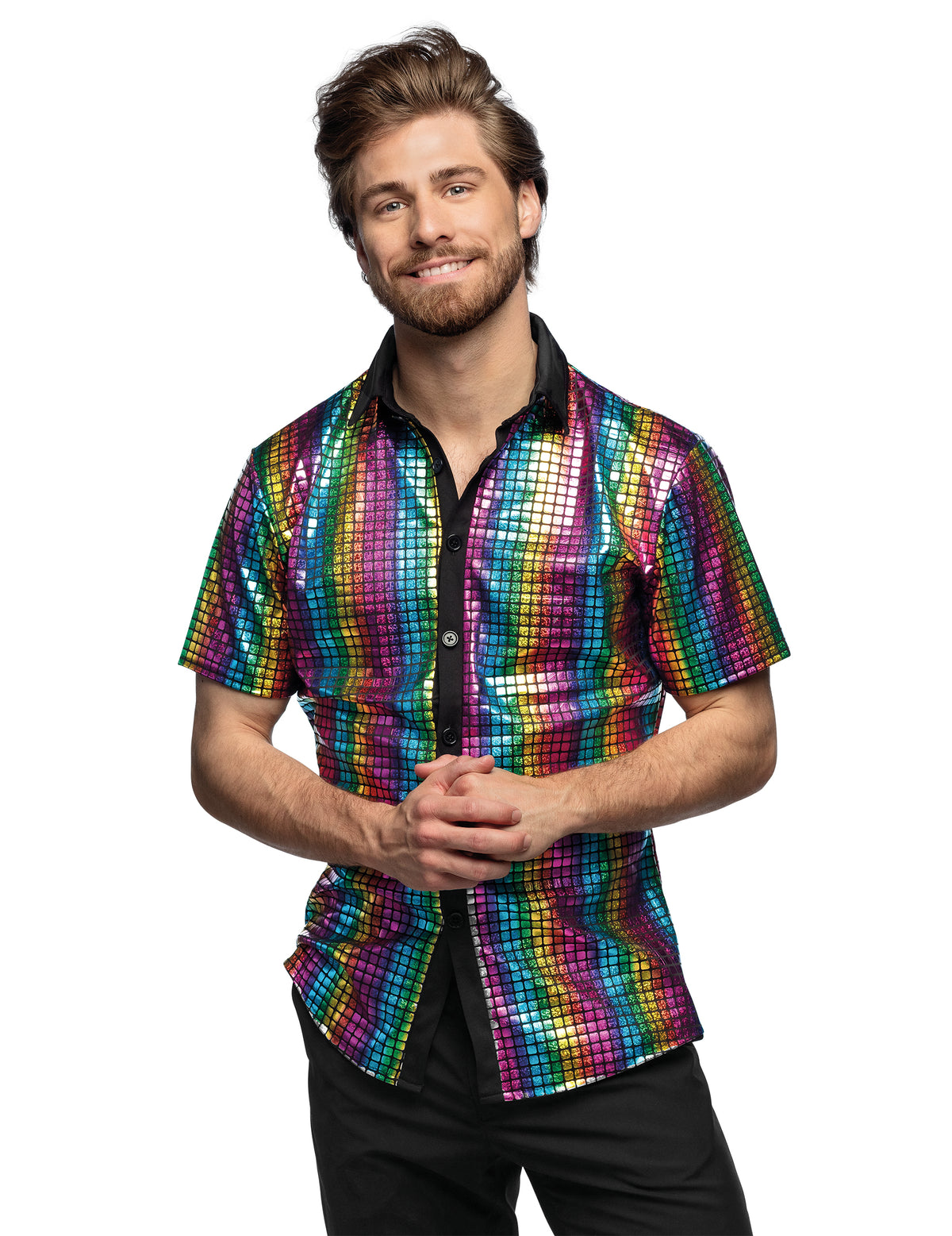 Chemise boule à facettes disco arc en ciel pour homme multicolore brillante