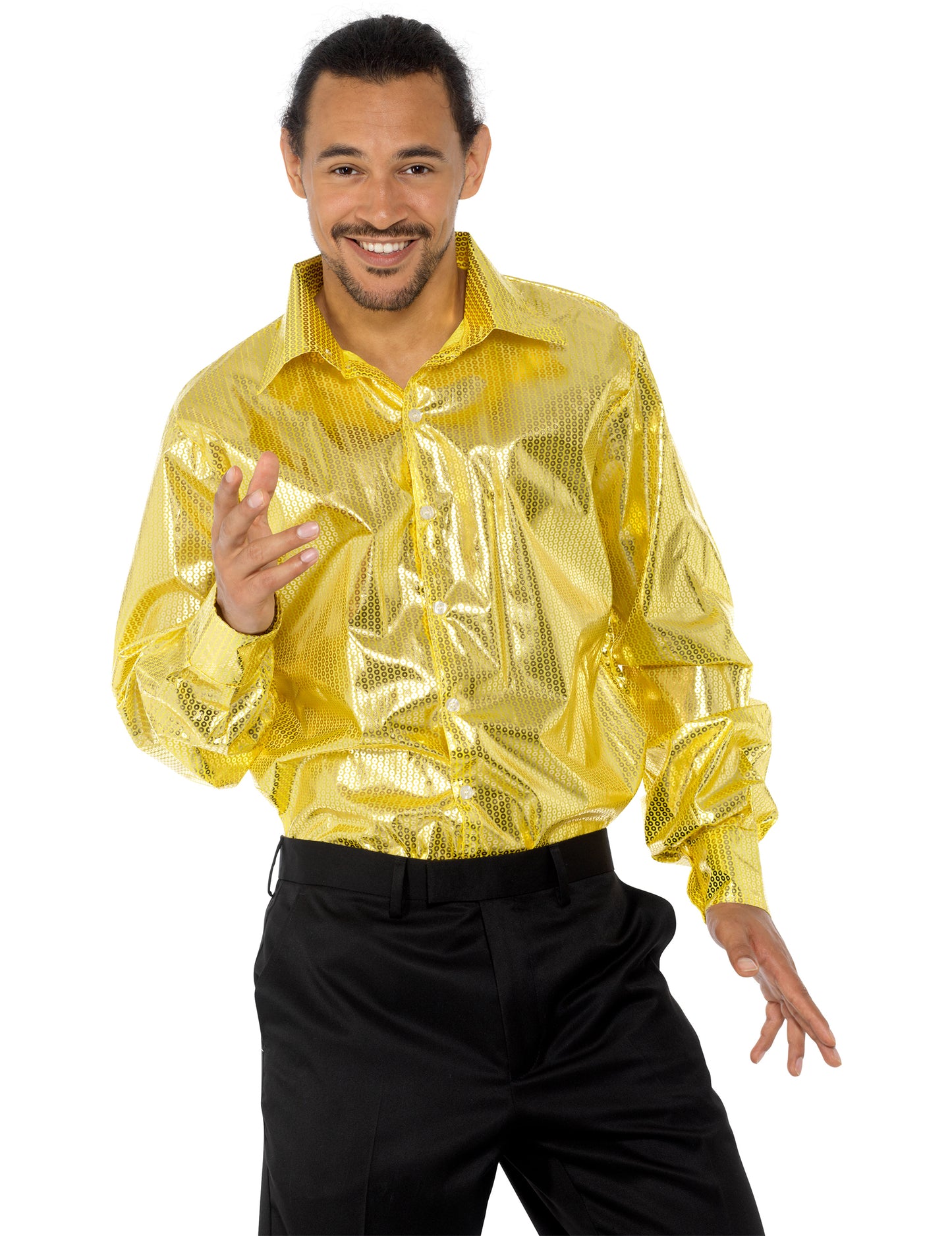 Gros plan sur le buste de la chemise disco pour homme à sequins dorés