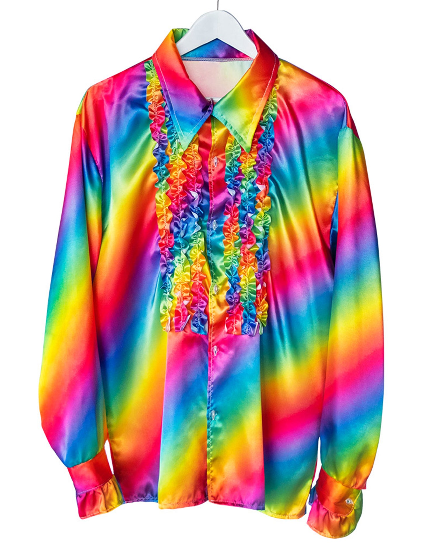 Vue de face sur cintre de la chemise disco arc-en-ciel pour adulte