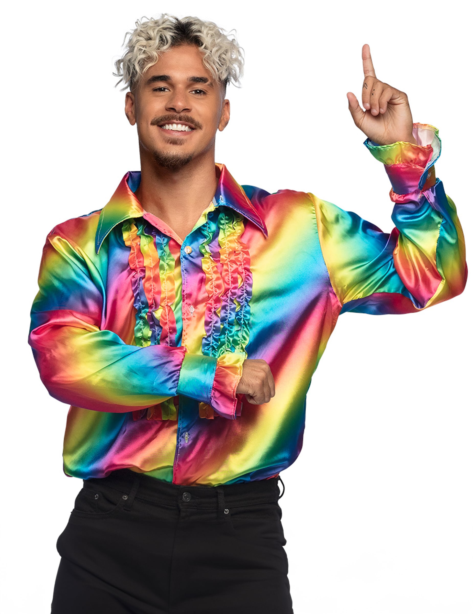 Vue de face portée de la chemise disco arc-en-ciel pour adulte