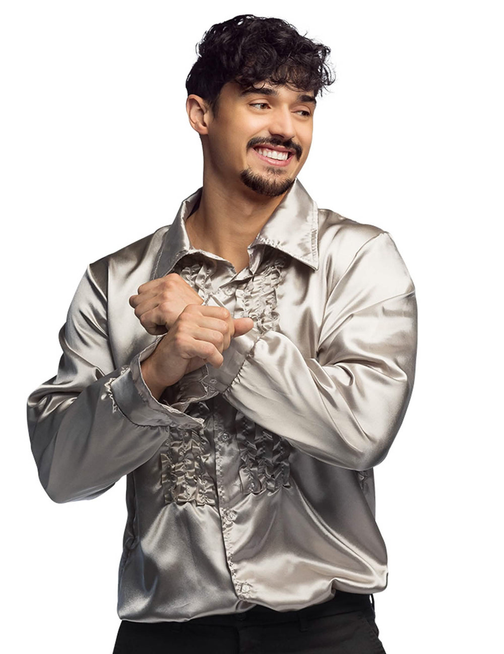 Pohled zepředu na stříbrnou disco košili pro mužeu