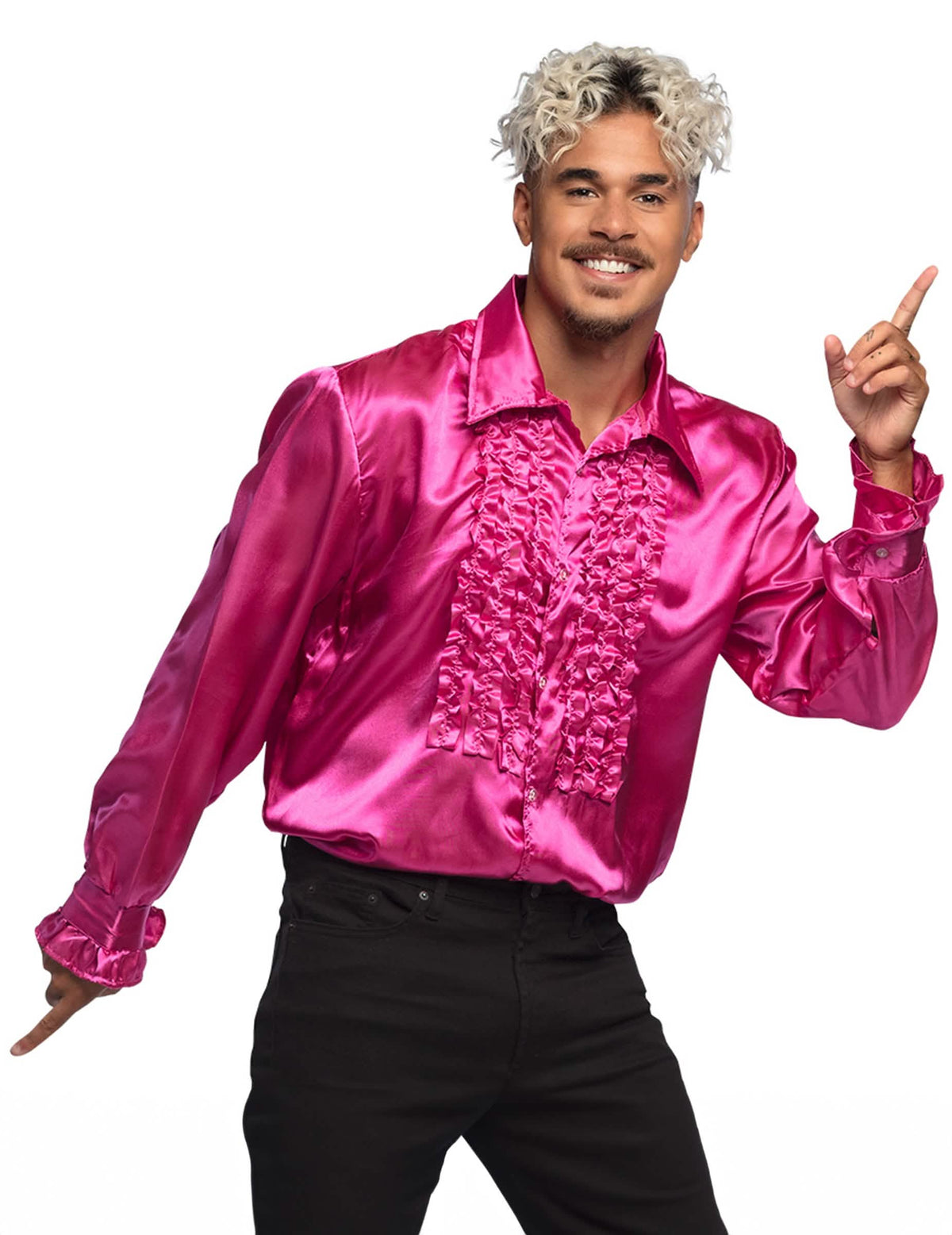 Růžová saténová disco košile s volánky pro muže
