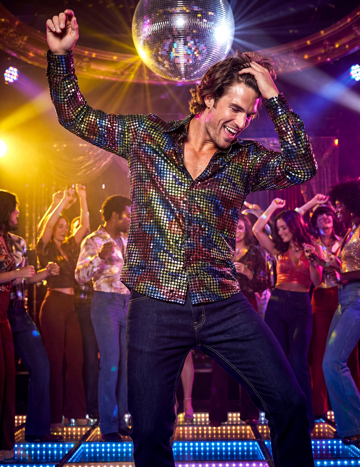Chemise disco pour homme multicolore à paillettes haut de gamme