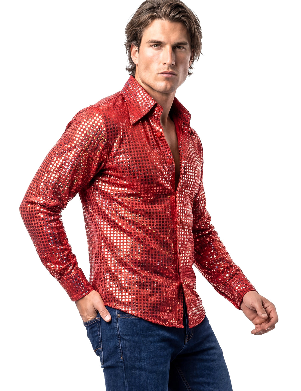 Vue de profil de la chemise disco pour homme rouge haut de gamme