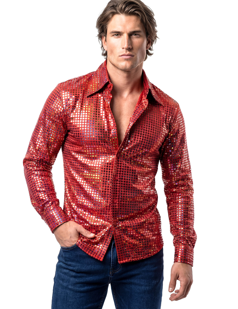 Vue de face de la chemise disco pour homme rouge haut de gamme