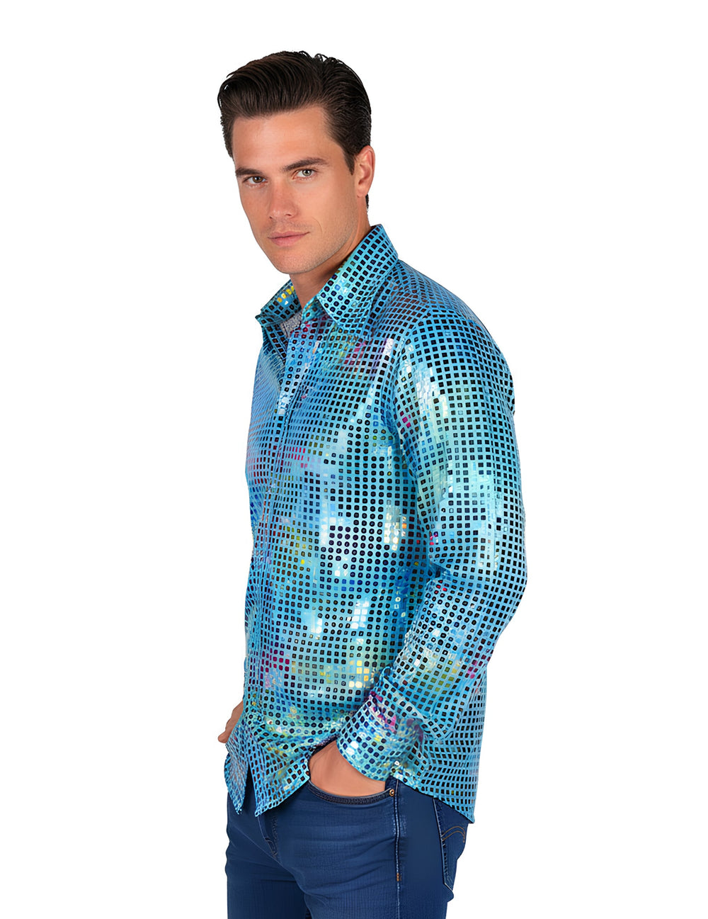 Chemise disco pour homme turquoise haut de gamme