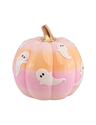 Dekorativní dýně Summerween z pryskyřice v přechodových barvách s duchy 14,5 x 14,5 x 14,8 cm