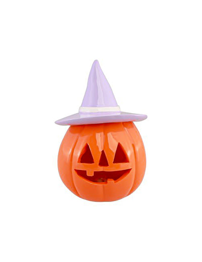 Dekorativní dýně Summerween z oranžové pryskyřice s lila kloboukem 12,5 x 12,3 x 17 cm
